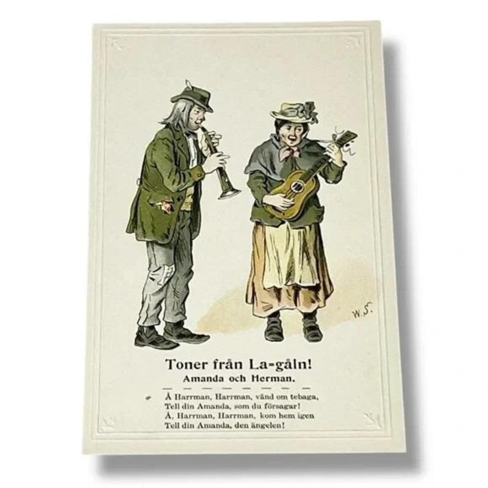 Postcard Street People Hobo Couple Playing Instruments Sweden Embossed C286